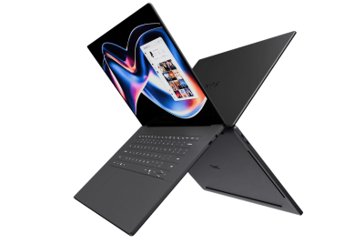 Laptop Dell XPS 2 en 1 en modo tienda de campaña (versión fondo gris)