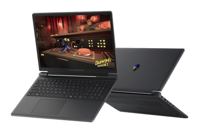 Laptop gaming Alienware con videojuego en pantalla (versión fondo gris)