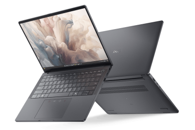 Laptop Dell abierta con fondo de pantalla en tonos pastel (versión fondo gris)