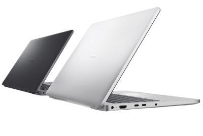 Dos laptops Dell vistas desde atrás con las tapas abiertas (versión fondo gris)