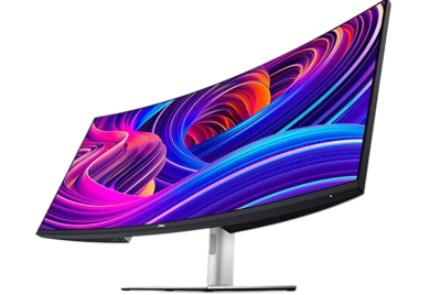 Monitor curvo Dell con pantalla de diseño abstracto de colores (versión fondo gris)